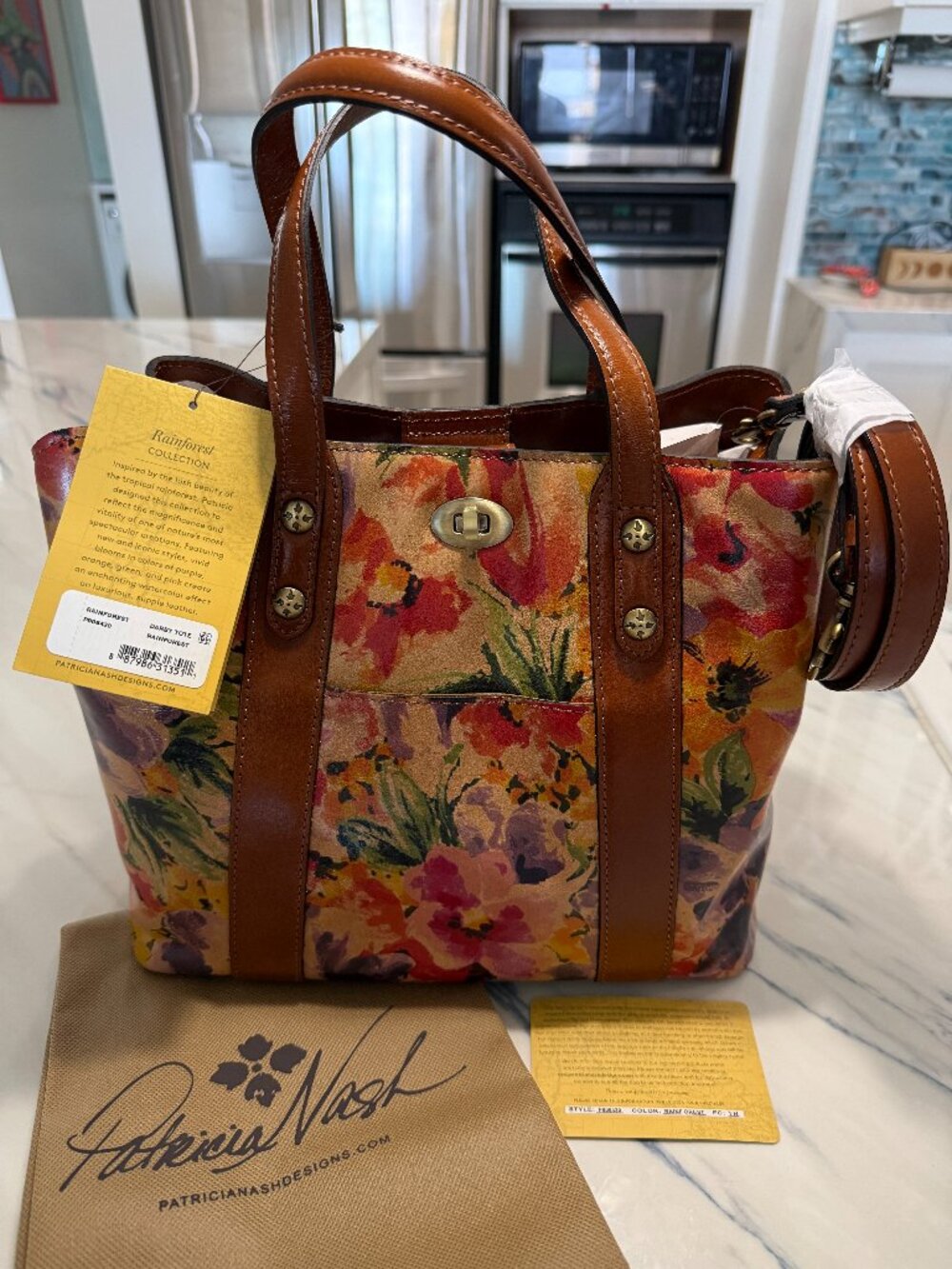 NWT Patricia Nash Darby Tote – Rainforest Leather Watercolor Floral with Strap